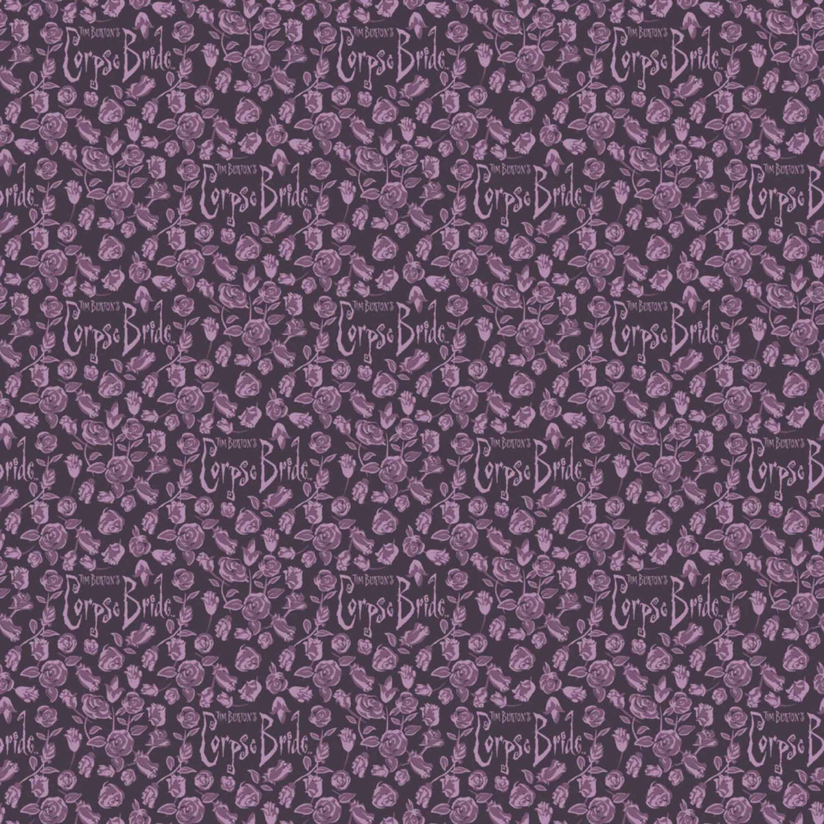 Purple Corpse Bride cotton fabric with lavender roses and gothic motifs repeating across the design.