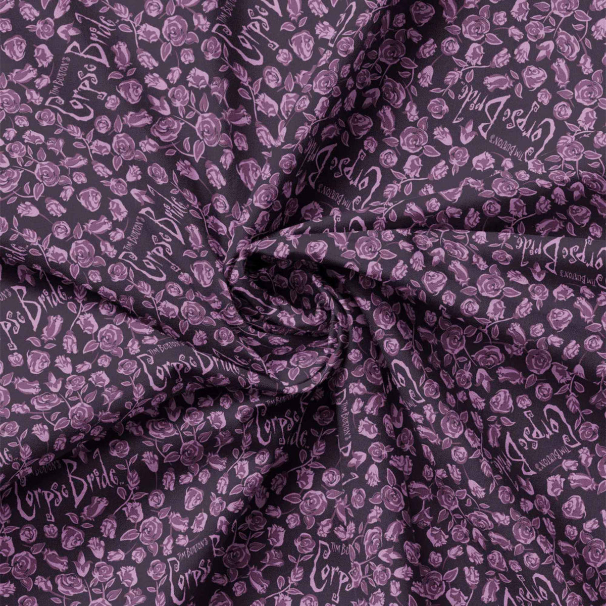 Purple Corpse Bride cotton fabric with lavender roses and gothic motifs repeating across the design.