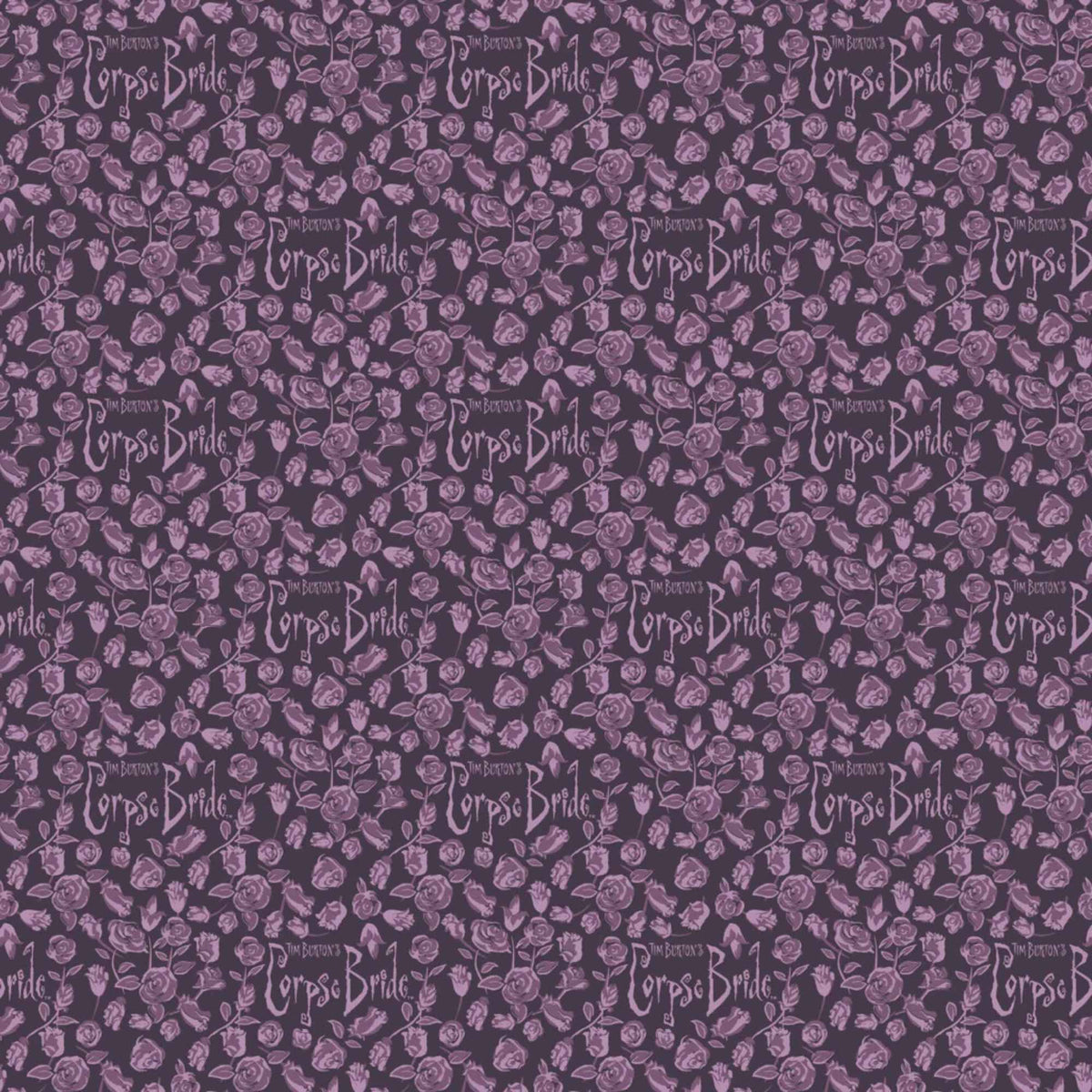 Purple Corpse Bride cotton fabric with lavender roses and gothic motifs repeating across the design.