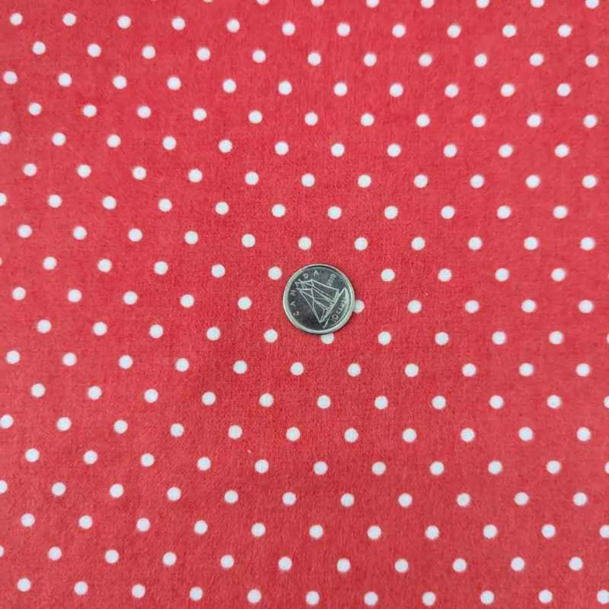 Red pink Swiss dot cotton flannel fabric with white polka dots by Robert Kaufman, soft 2-ply cozy flannel
