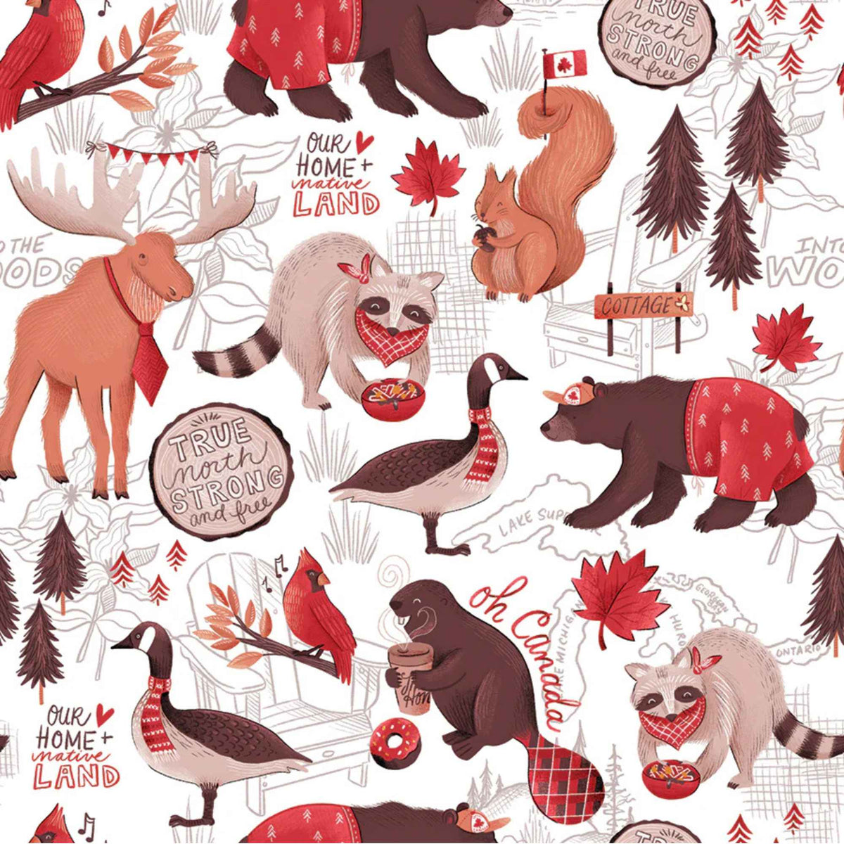 "True North Canadian wildlife cotton fabric with bears, raccoons, moose, geese, squirrels and maple leaves on white background"