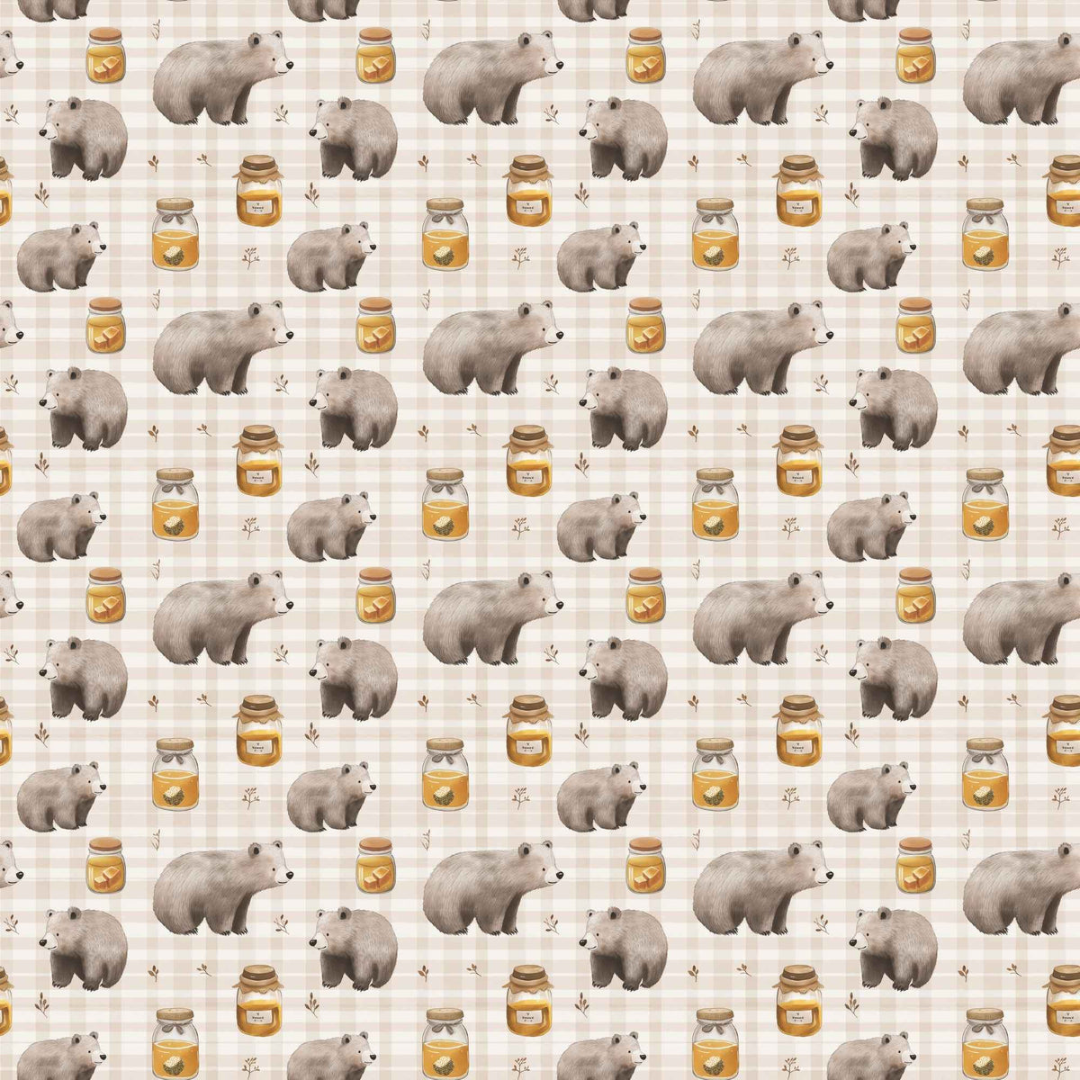 Honey Bear exclusive waterproof PUL fabric with brown bears, golden honey jars and botanical sprigs on a cream checked background