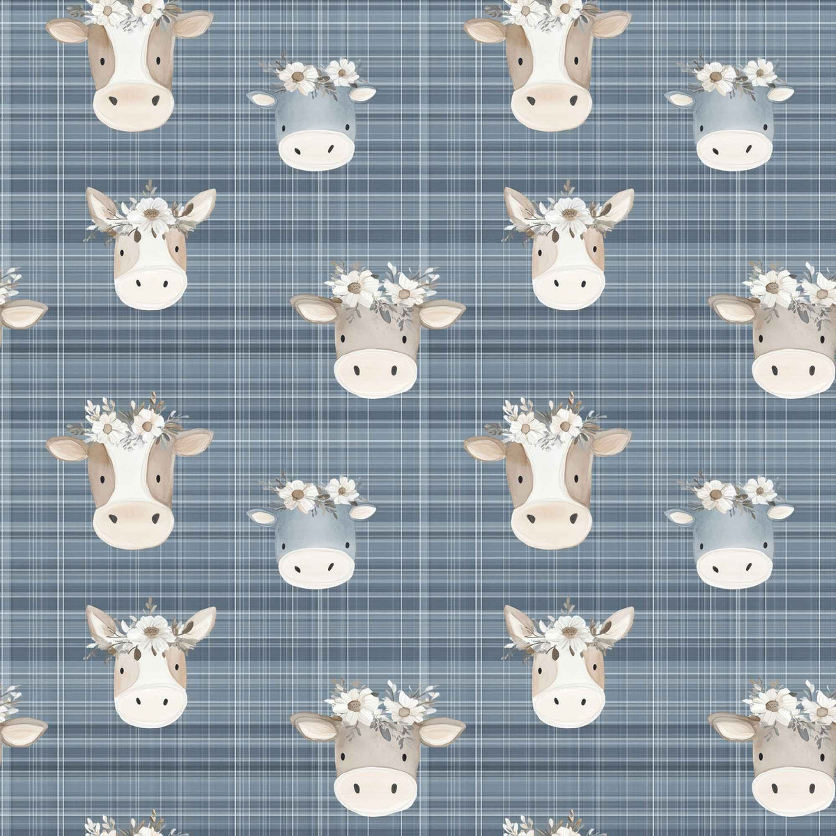 Flower Crown Cows on Blue Plaid exclusive waterproof PUL fabric with brown and grey cows wearing white flowers