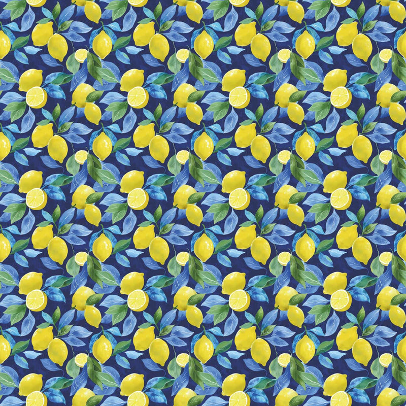 Sunlit Lemons on Navy exclusive waterproof PUL fabric with bright yellow lemons and blue-green leaves on a navy background