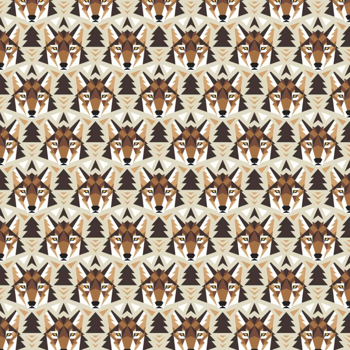 Wolf Face fleece by Camelot with geometric brown and tan wolves, dark tree silhouettes and chevrons on a cream background.