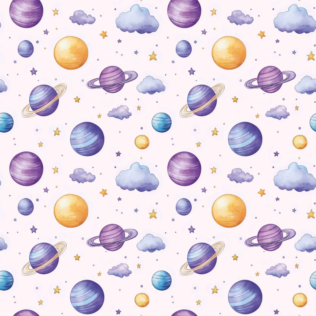 Dreamy Watercolour Planets and Clouds exclusive waterproof PUL fabric with colourful planets, blue clouds and stars on White