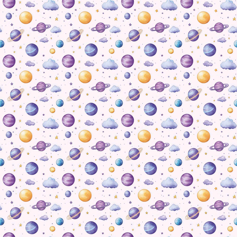 Dreamy Watercolour Planets and Clouds exclusive waterproof PUL fabric with colourful planets, blue clouds and stars on White