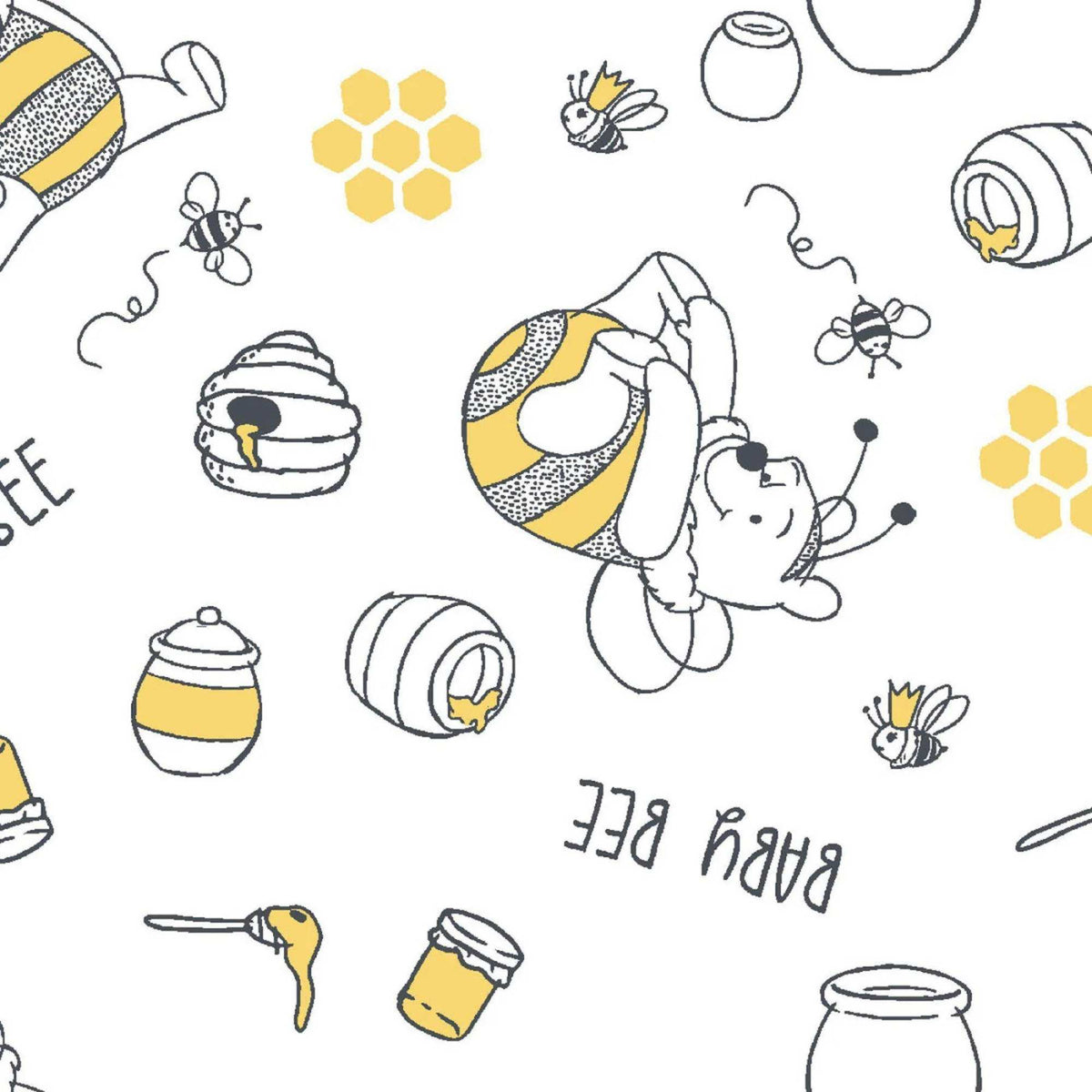 Disney Winnie the Pooh Busy Bee licensed cotton fabric by Springs Creative featuring Pooh dressed as a bee with honey pots, bees, honeycombs and beehives on a white background.