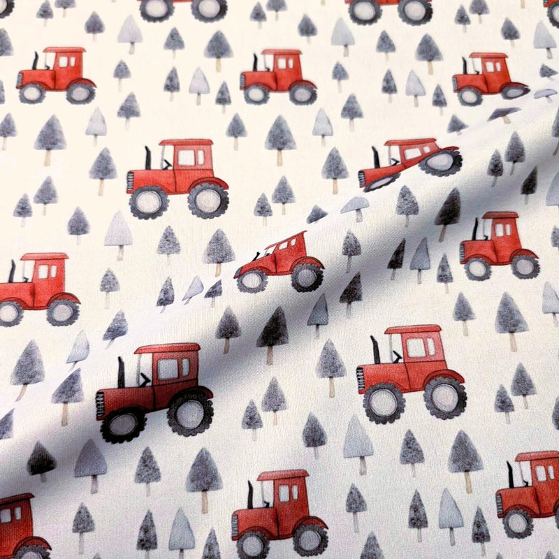 Red tractor and grey pine tree waterproof PUL fabric with farm theme print
