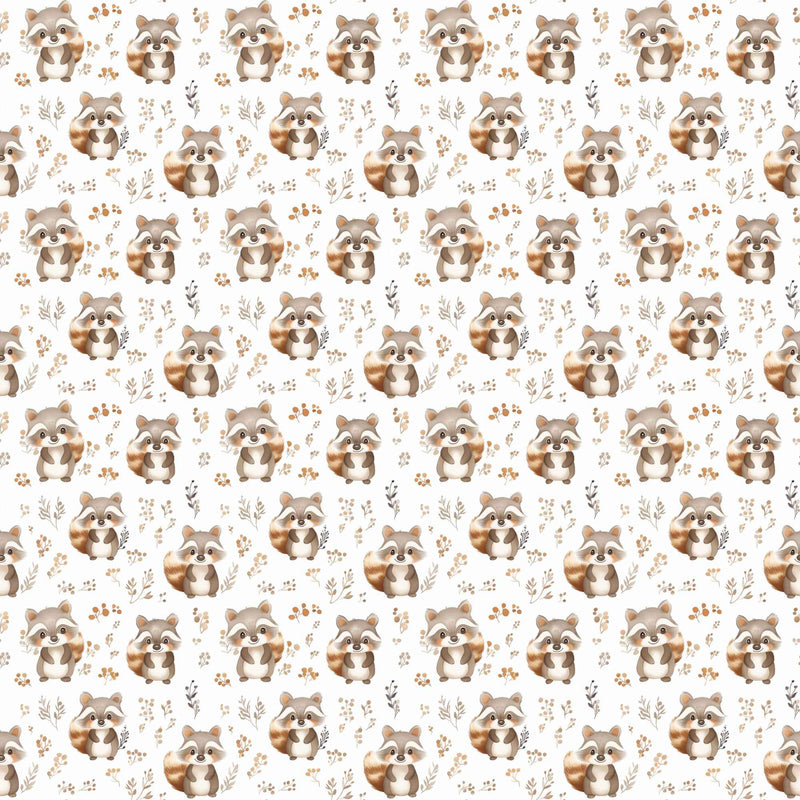 Woodland raccoon waterproof PUL fabric with neutral botanical print on light background