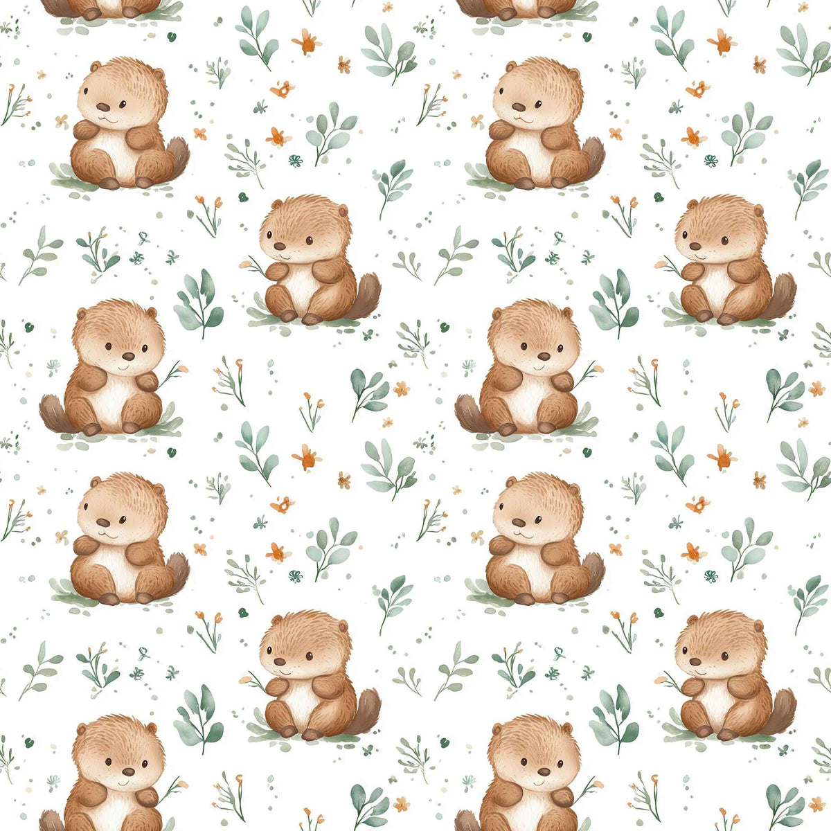 Woodland hedgehog waterproof PUL fabric with soft brown hedgehogs and green leaves on a neutral background