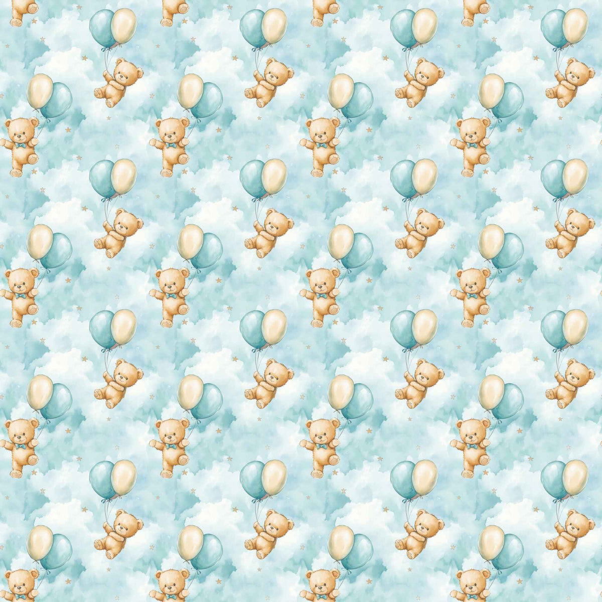 Baby bear balloons waterproof PUL fabric with blue clouds and nursery print
