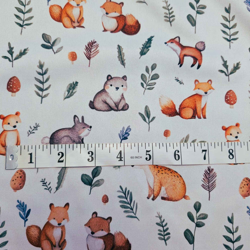 Woodland animals PUL fabric showing print scale waterproof sewing fabric