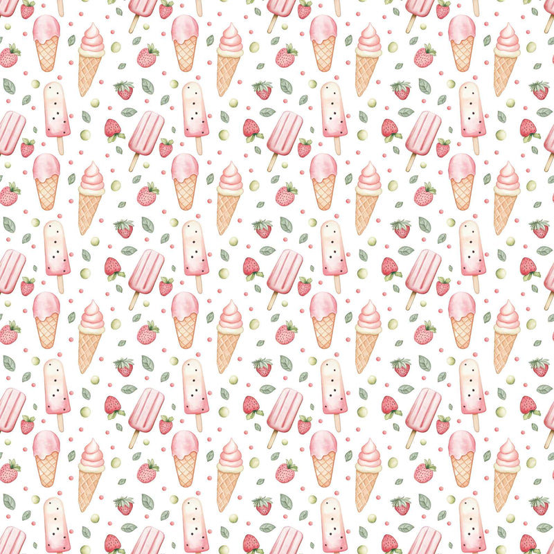 Strawberry ice cream waterproof PUL fabric with cones, popsicles and fruit print