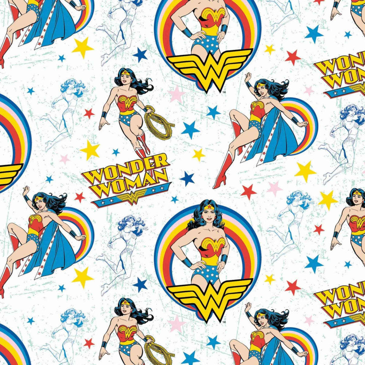 Wonder Woman vintage comic character cotton flannel fabric with rainbow logos and colorful stars on white background