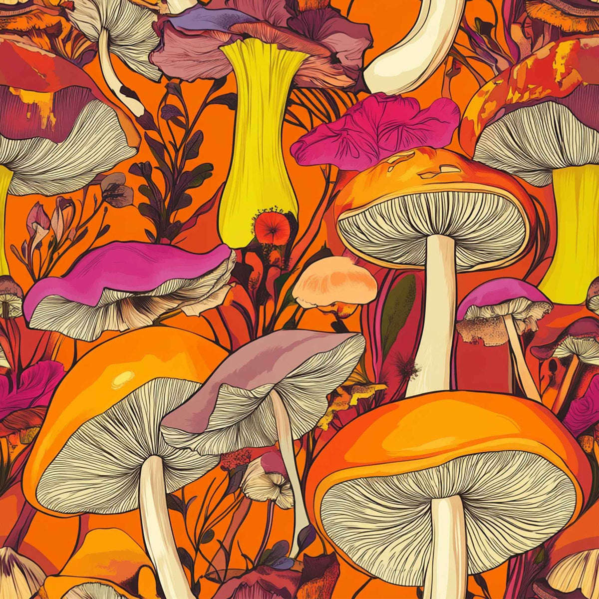 Bright retro mushroom print food safe waterproof polyurethane laminate fabric with orange background and pink, yellow and coral mushrooms.