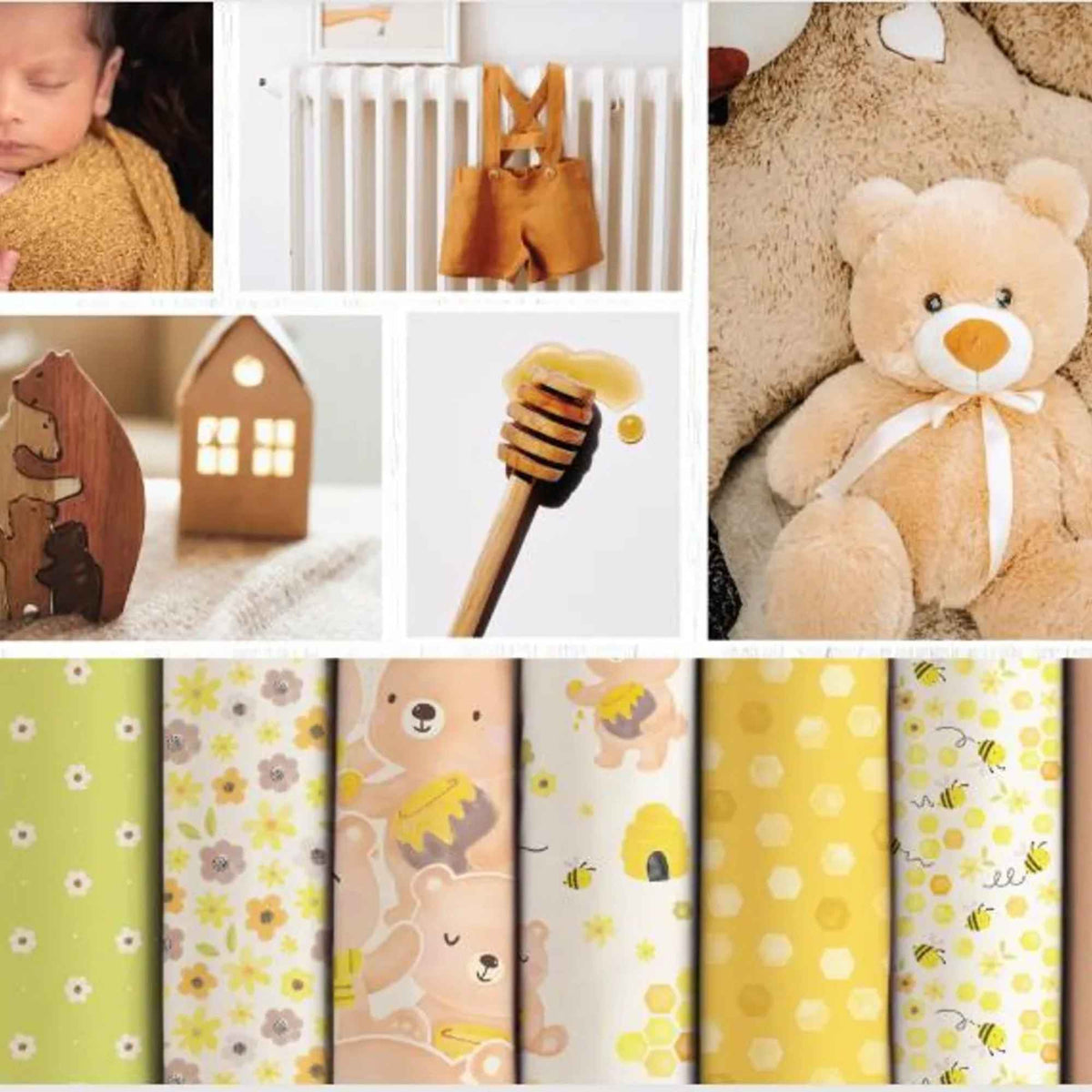 Honey Bear fabric bundle by Camelot Fabrics featuring 10 coordinating quilting cotton prints with bees, florals, daisies, polka dots, honeycomb patterns, and honey bear designs in yellow, peach, cream, and sage green colors