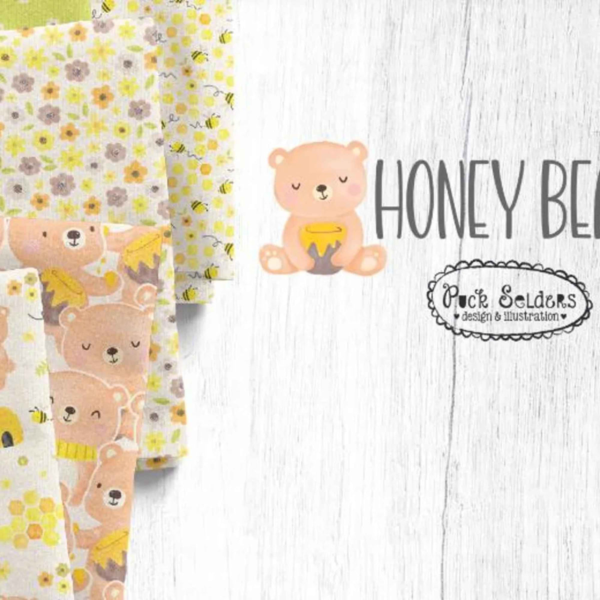 Honey Bear fabric bundle by Camelot Fabrics featuring 10 coordinating quilting cotton prints with bees, florals, daisies, polka dots, honeycomb patterns, and honey bear designs in yellow, peach, cream, and sage green colors