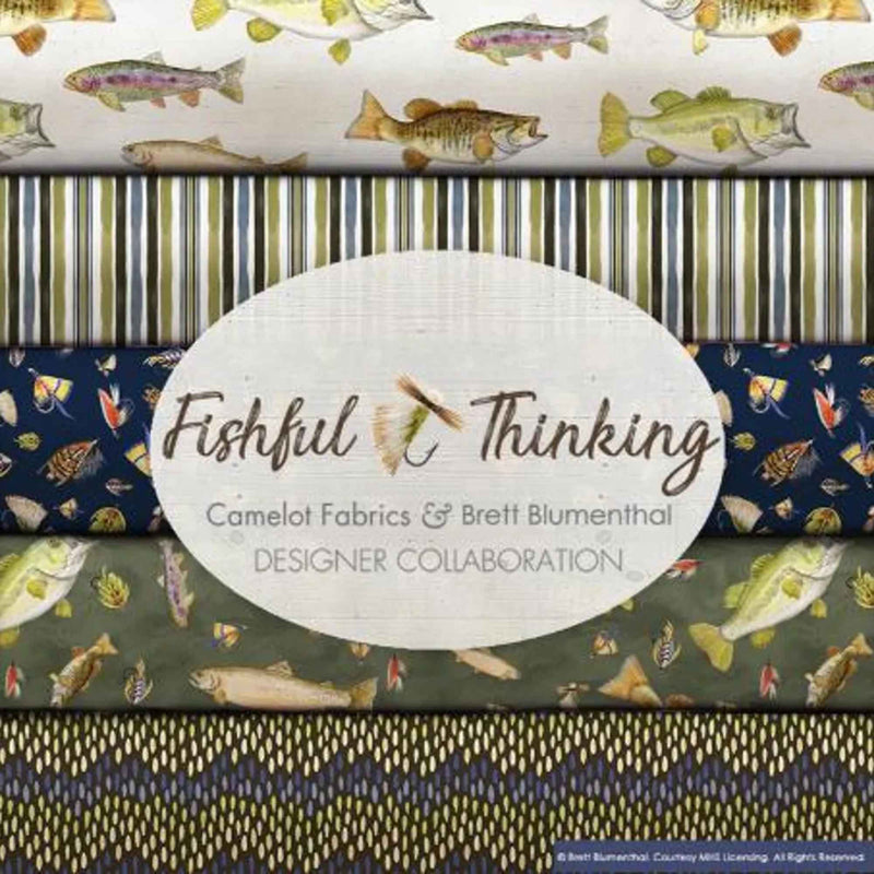 Fishful Thinking fabric bundle by Camelot Fabrics and Brett Blumenthal featuring 11 coordinating quilting cotton prints with fish, fishing lures, tackle, stripes, and rustic outdoor patterns in navy blue, green, cream, and natural tones