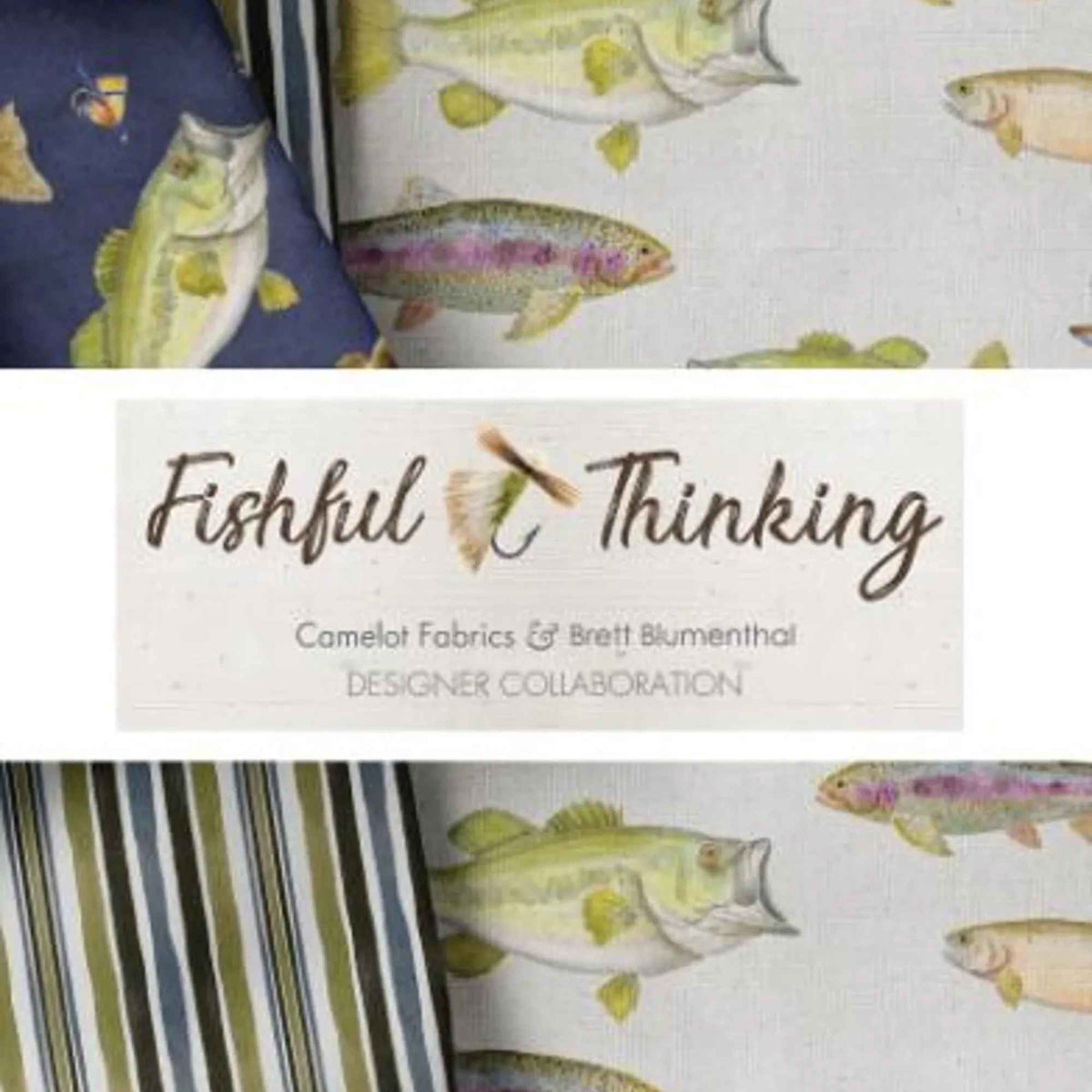 Fishful Thinking fabric bundle by Camelot Fabrics and Brett Blumenthal featuring 11 coordinating quilting cotton prints with fish, fishing lures, tackle, stripes, and rustic outdoor patterns in navy blue, green, cream, and natural tones
