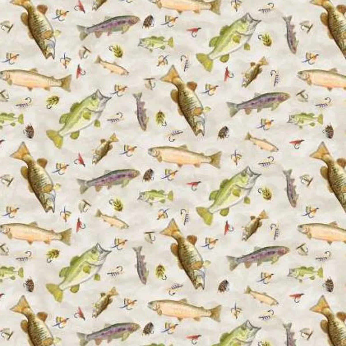 Fishful Thinking fabric bundle by Camelot Fabrics and Brett Blumenthal featuring 11 coordinating quilting cotton prints with fish, fishing lures, tackle, stripes, and rustic outdoor patterns in navy blue, green, cream, and natural tones