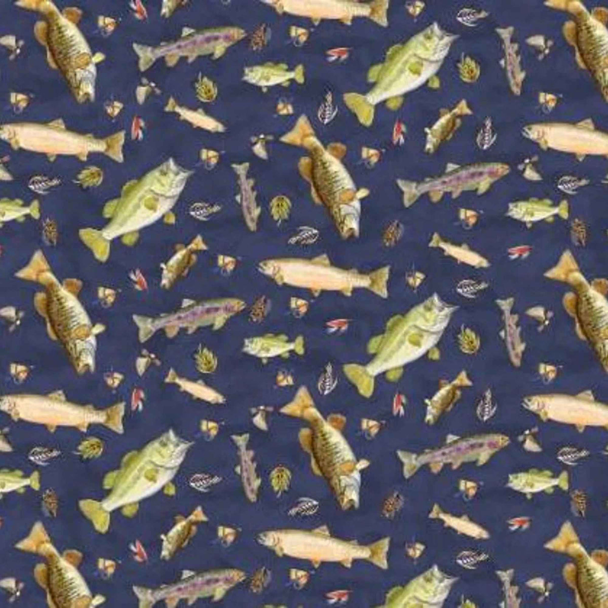Fishful Thinking fabric bundle by Camelot Fabrics and Brett Blumenthal featuring 11 coordinating quilting cotton prints with fish, fishing lures, tackle, stripes, and rustic outdoor patterns in navy blue, green, cream, and natural tones