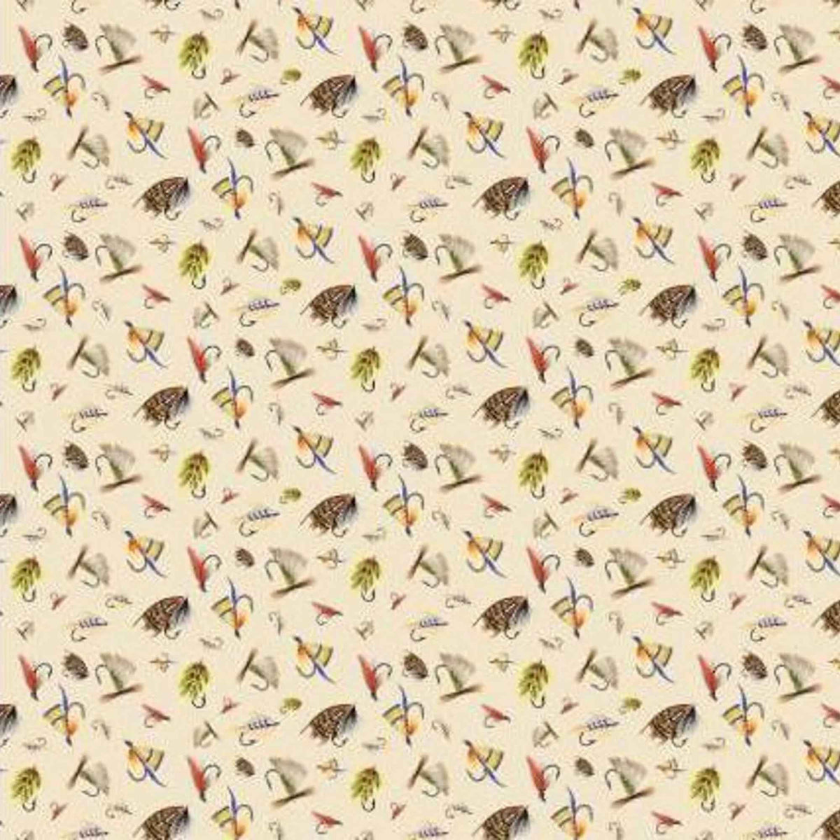 Fishful Thinking fabric bundle by Camelot Fabrics and Brett Blumenthal featuring 11 coordinating quilting cotton prints with fish, fishing lures, tackle, stripes, and rustic outdoor patterns in navy blue, green, cream, and natural tones