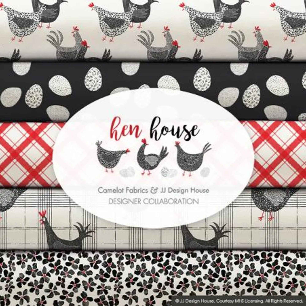 Hen House fabric bundle by Camelot Fabrics featuring chicken prints, farmhouse plaids, egg patterns, floral coordinates, and coordinating quilting panel in black white and red