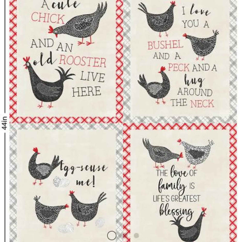 Hen House fabric bundle by Camelot Fabrics featuring chicken prints, farmhouse plaids, egg patterns, floral coordinates, and coordinating quilting panel in black white and red