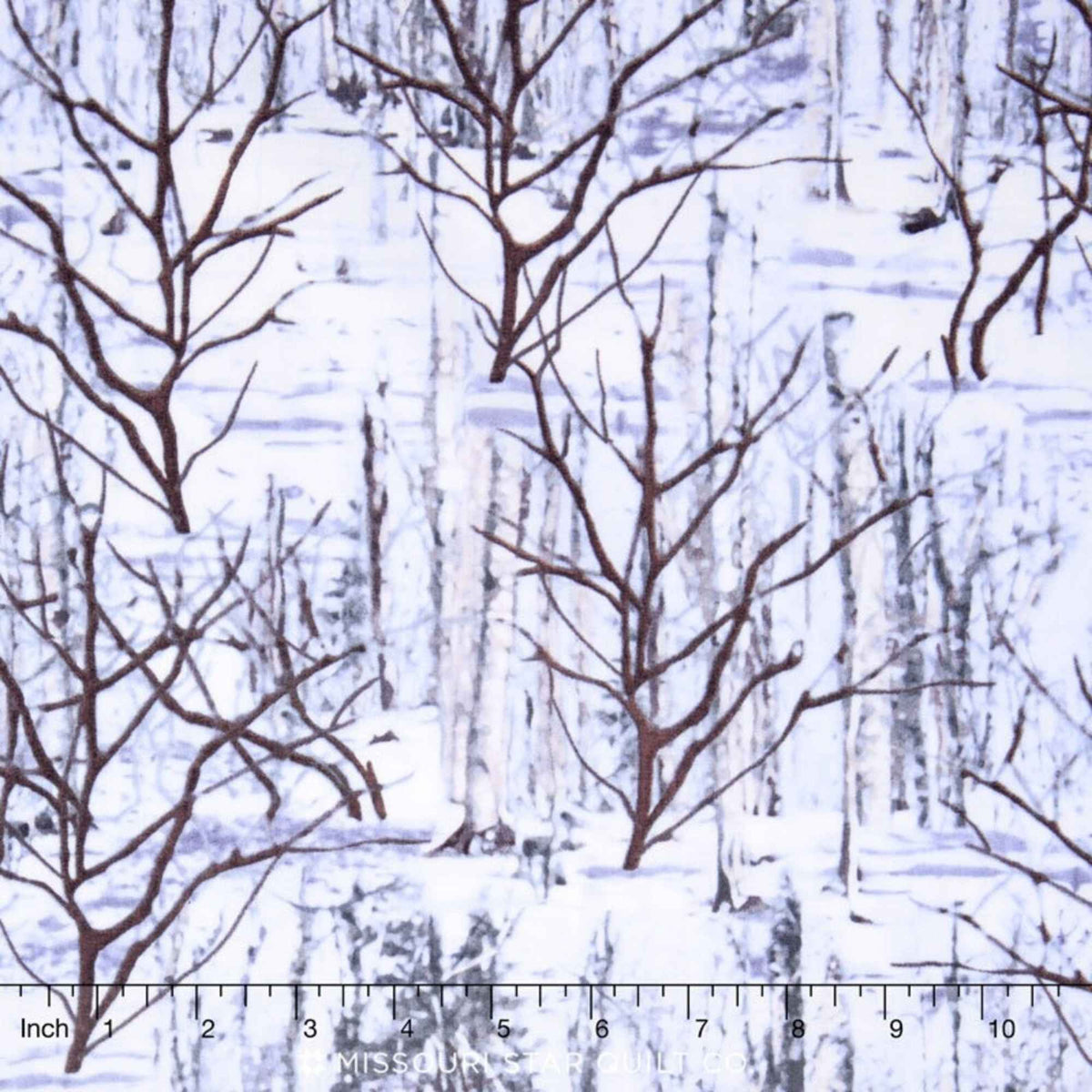 Winter Forest cotton flannel fabric with silver-gray trees and brown branches on a snowy white background