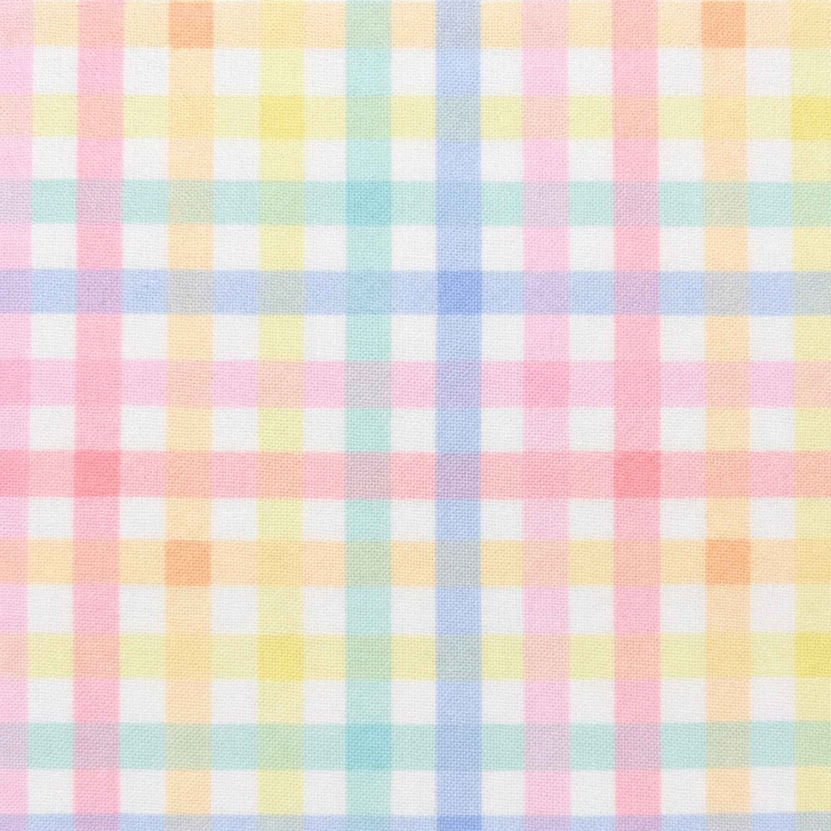 A close-up of a pastel plaid fabric pattern with soft pink, yellow, light blue, mint green, and white checks.