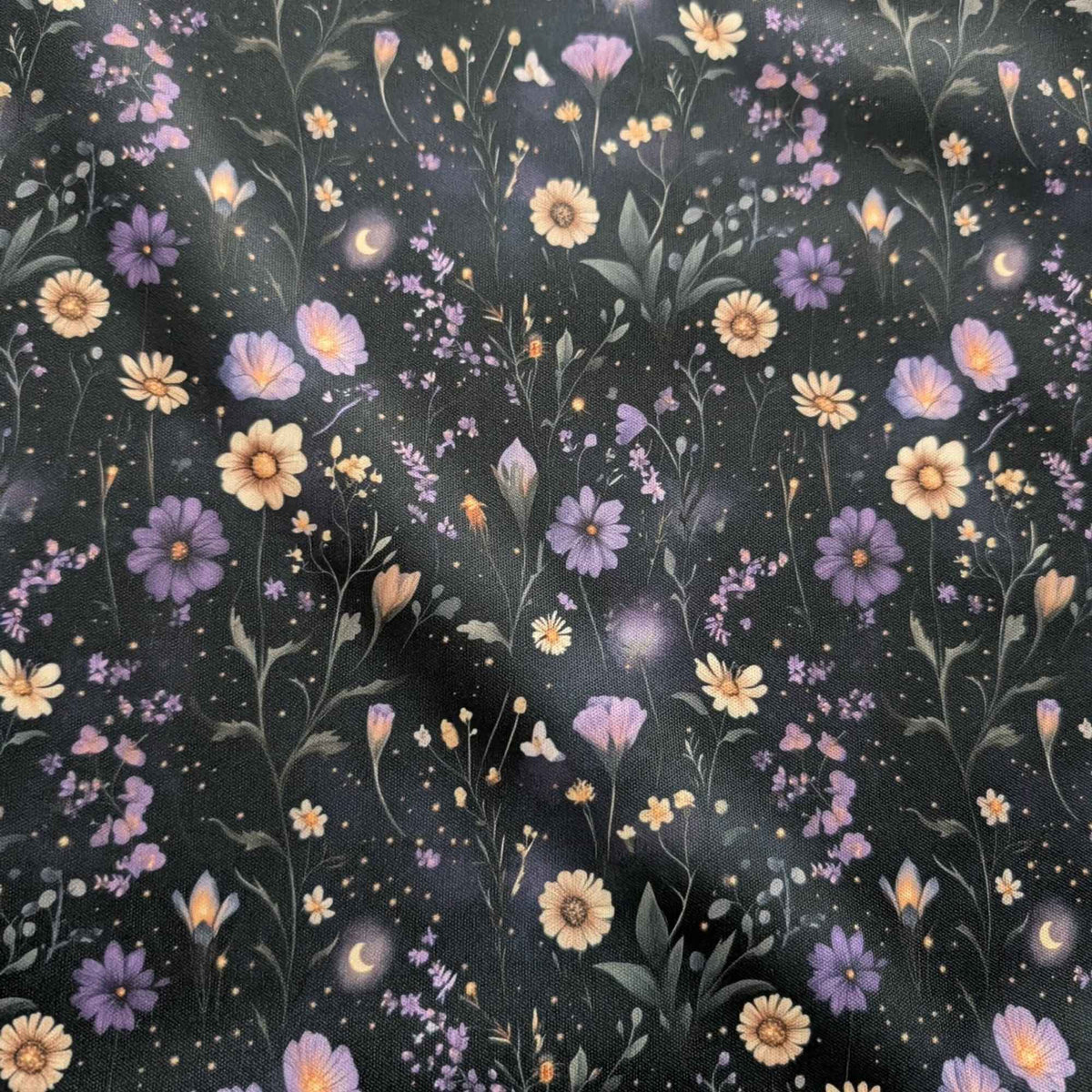 Starlit Wildflower Meadow exclusive waterproof PUL fabric with purple and golden flowers, crescent moons and glowing stars on black