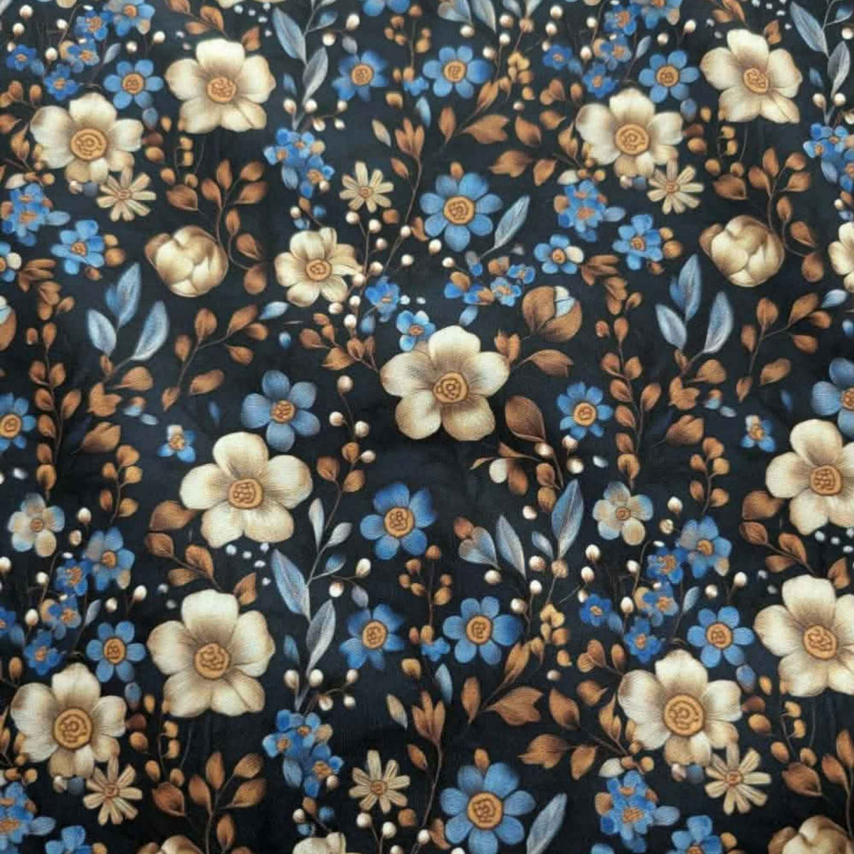 Midnight Blue Botanical Garden exclusive waterproof PUL fabric with blue and ivory flowers and bronze leaves on a dark background