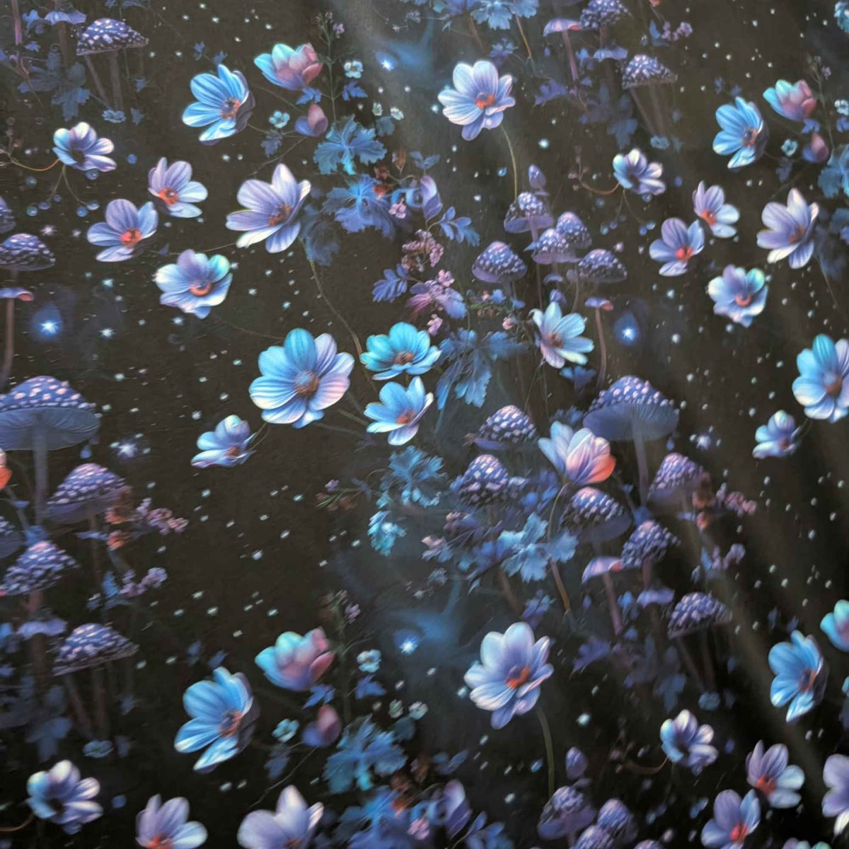 Enchanted Midnight Mushroom Garden exclusive waterproof PUL fabric with glowing blue flowers, spotted mushrooms and stars on black