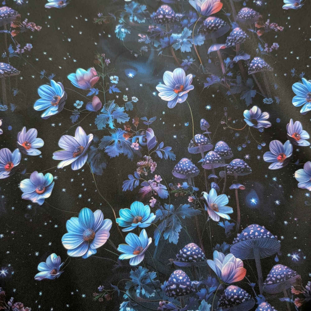 Enchanted Midnight Mushroom Garden exclusive waterproof PUL fabric with glowing blue flowers, spotted mushrooms and stars on black