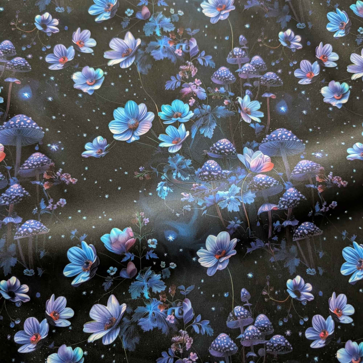 Enchanted Midnight Mushroom Garden exclusive waterproof PUL fabric with glowing blue flowers, spotted mushrooms and stars on black
