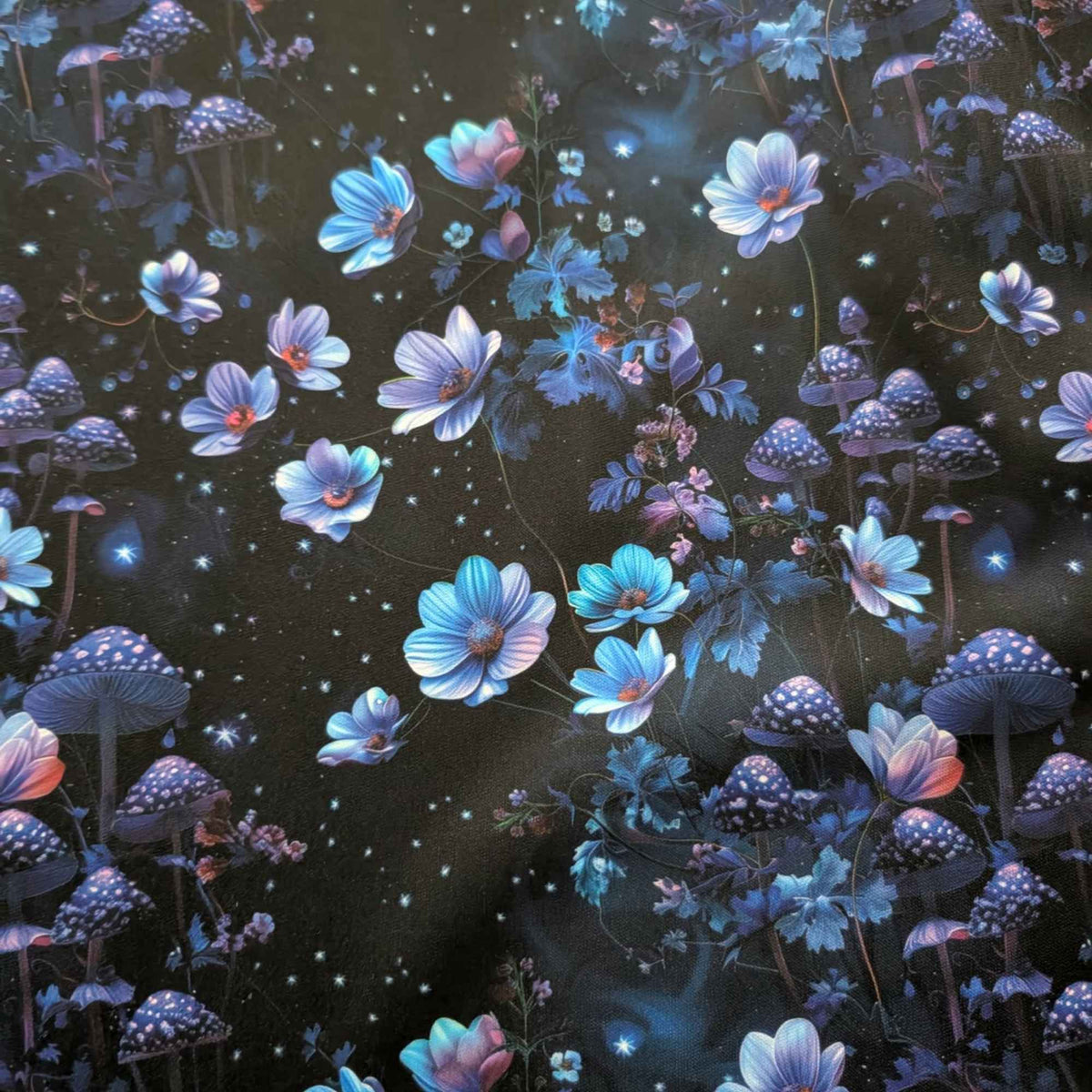 Enchanted Midnight Mushroom Garden exclusive waterproof PUL fabric with glowing blue flowers, spotted mushrooms and stars on black