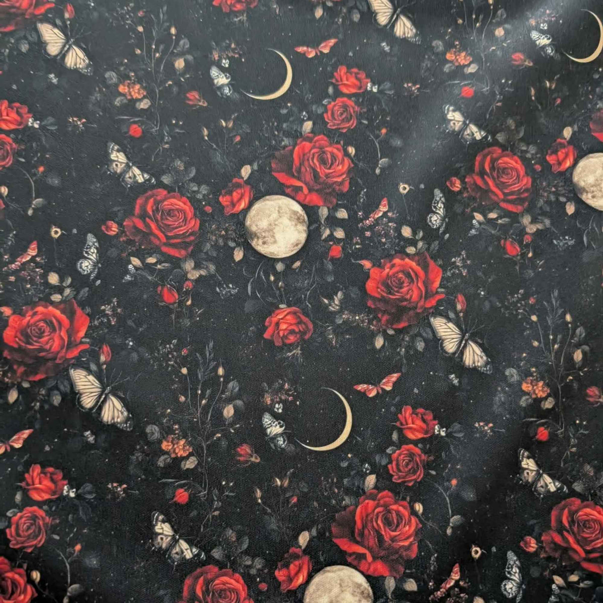 Moonlit Crimson Rose Garden exclusive waterproof PUL fabric with red roses, butterflies, full moons and crescent moons on black