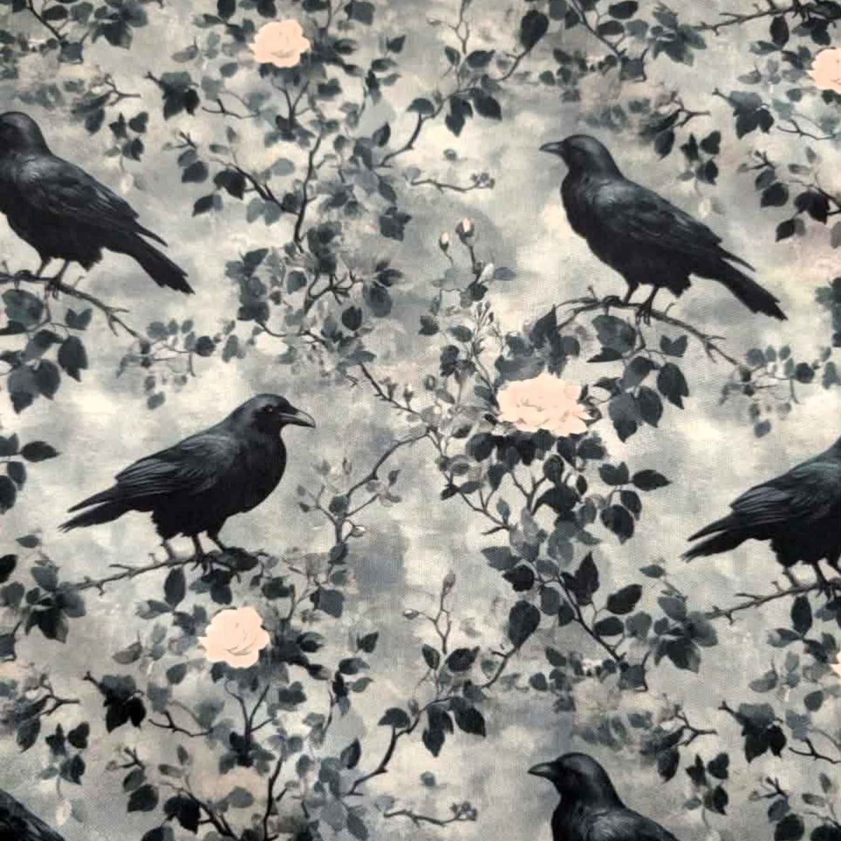 Ravens and Roses in the Mist exclusive waterproof PUL fabric with black ravens, pale roses and branches on a smoky grey background