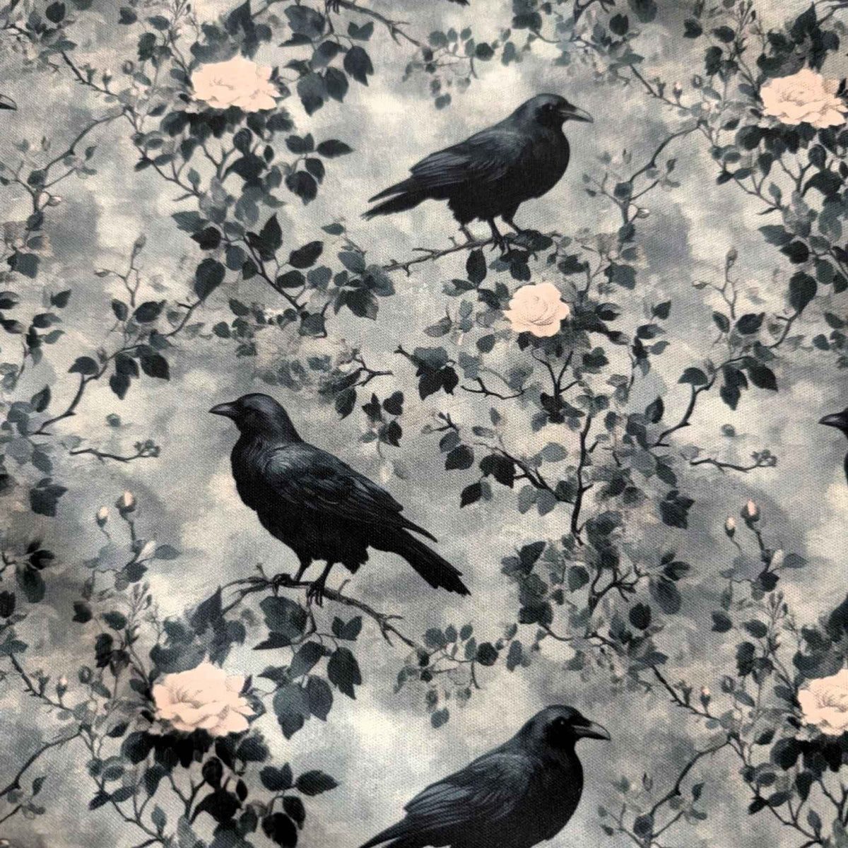 Ravens and Roses in the Mist exclusive waterproof PUL fabric with black ravens, pale roses and branches on a smoky grey background