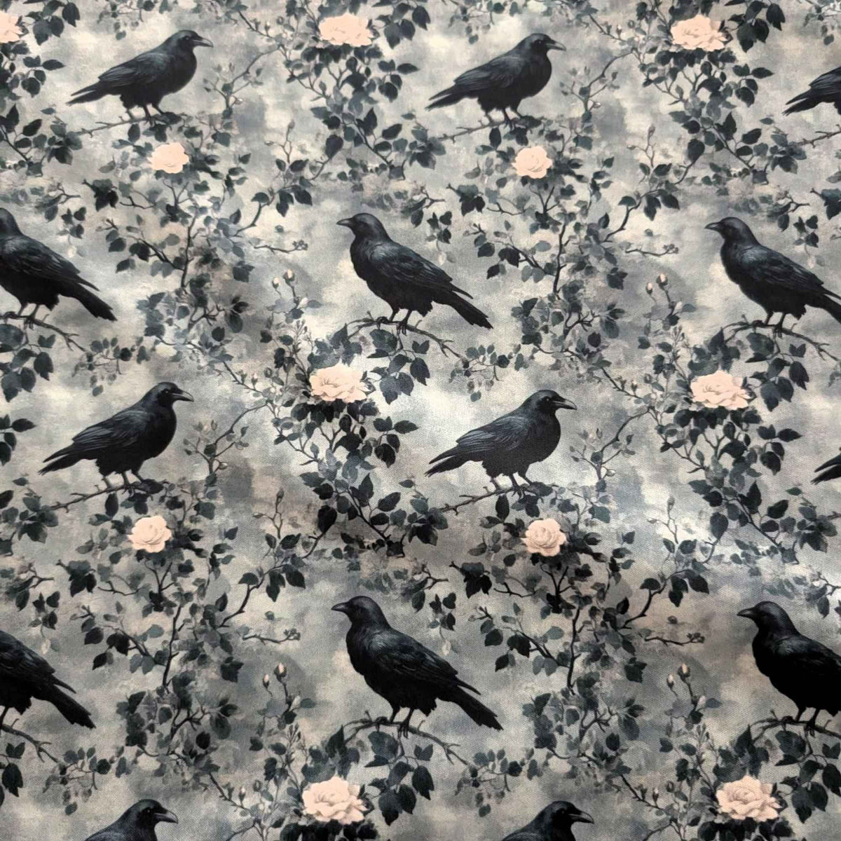 Ravens and Roses in the Mist exclusive waterproof PUL fabric with black ravens, pale roses and branches on a smoky grey background