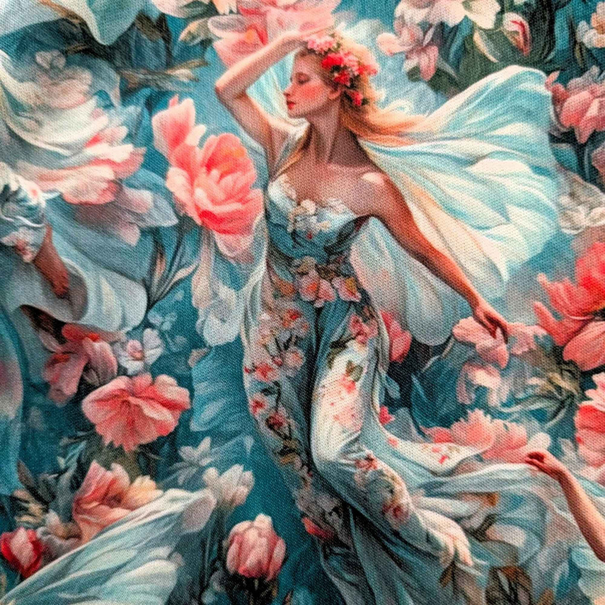 Enchanted Fairies in Bloom exclusive waterproof PUL fabric with winged fairies, aqua dresses and pink flowers on teal
