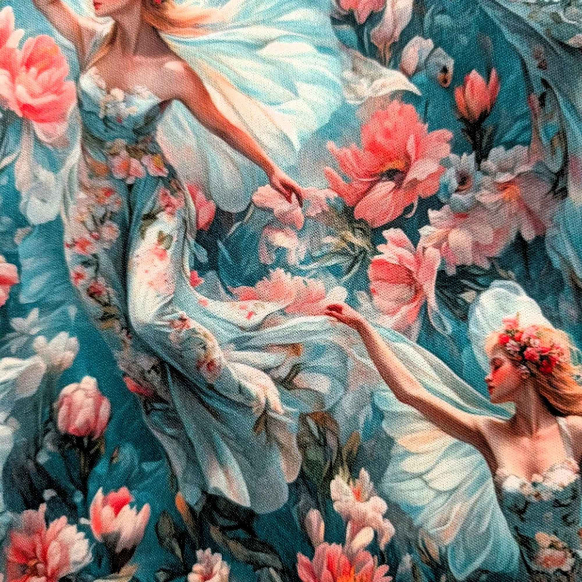 Enchanted Fairies in Bloom exclusive waterproof PUL fabric with winged fairies, aqua dresses and pink flowers on teal