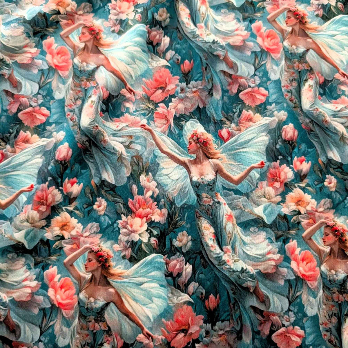 Enchanted Fairies in Bloom exclusive waterproof PUL fabric with winged fairies, aqua dresses and pink flowers on teal