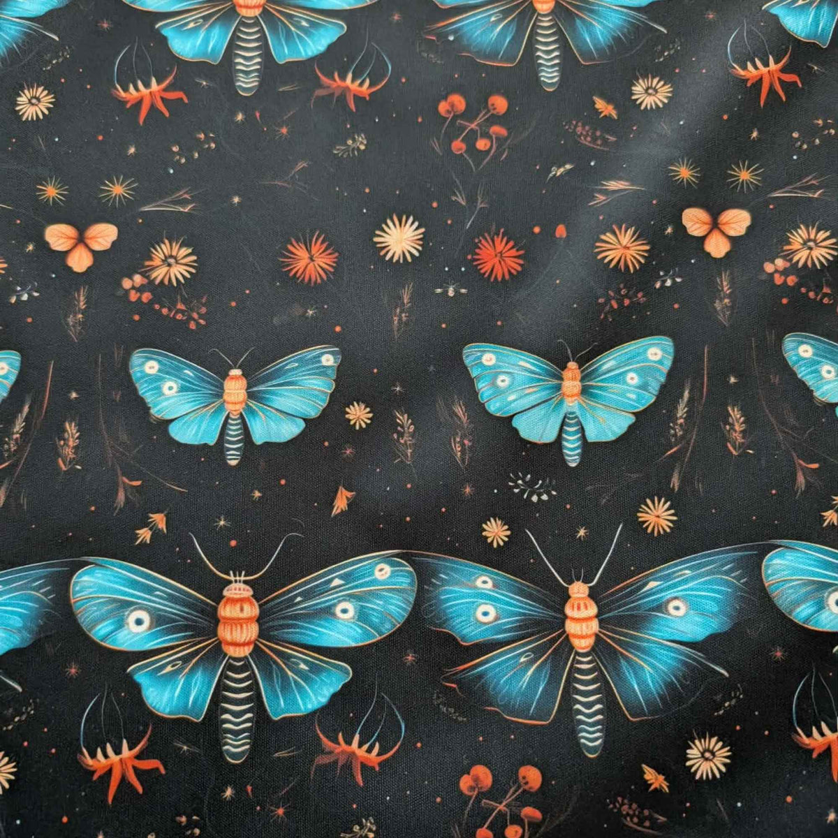 Midnight Blue Moths and Wildflowers exclusive waterproof PUL fabric with turquoise moths and orange flowers on a black background