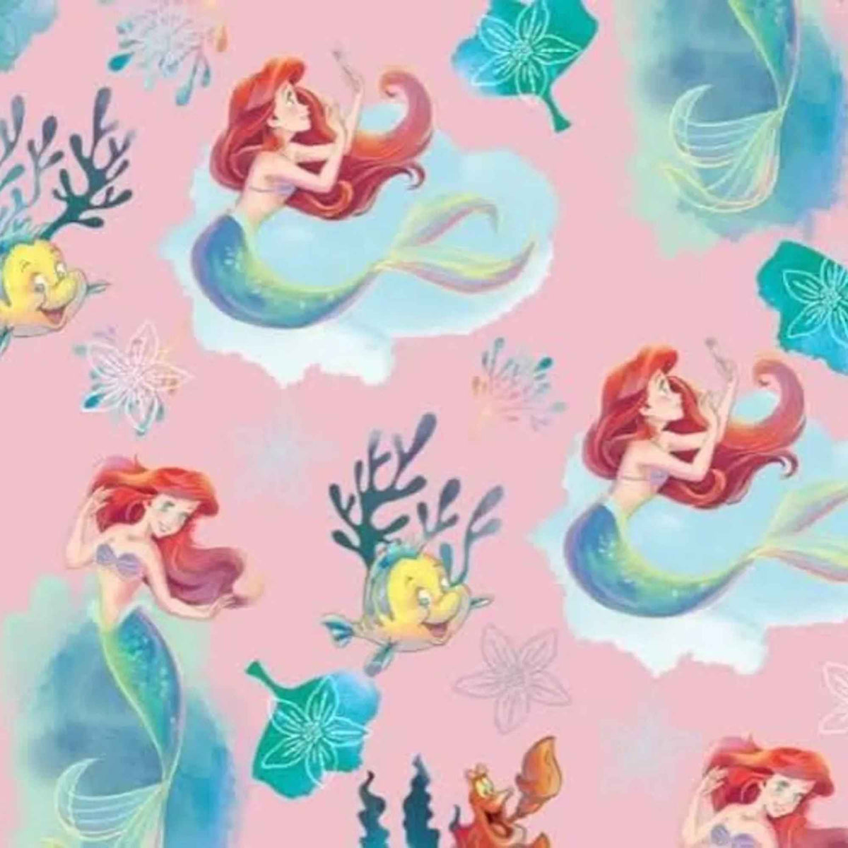 Disney Ariel Little Mermaid cotton fabric with Flounder and Sebastian on pink by Springs Creative CP80606
