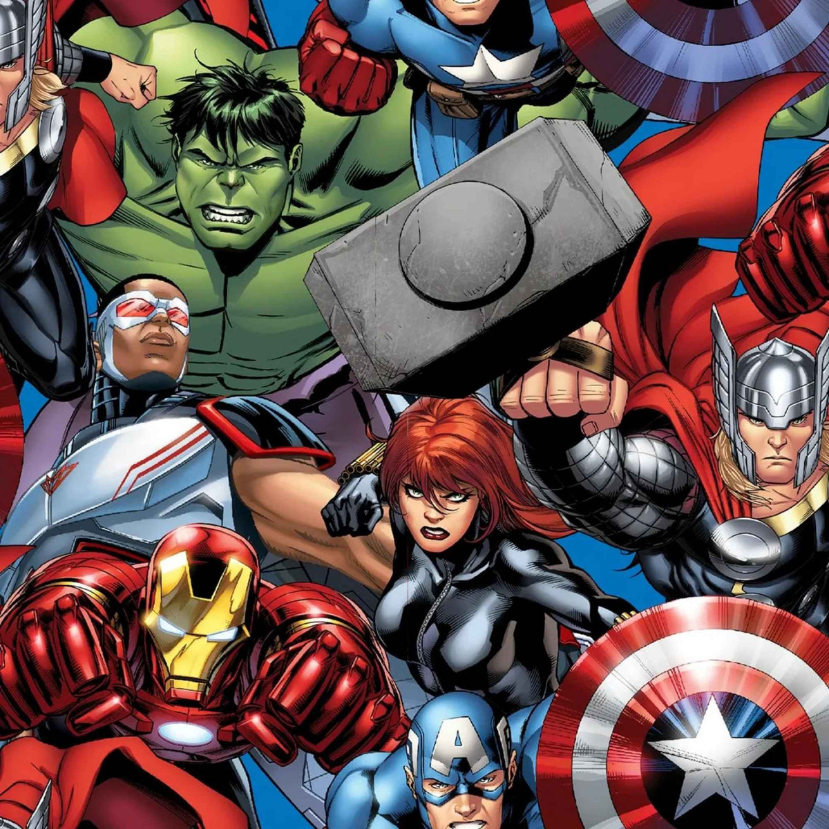 Marvel Packed Avengers multicolour character cotton fabric by Springs Creative CP65606