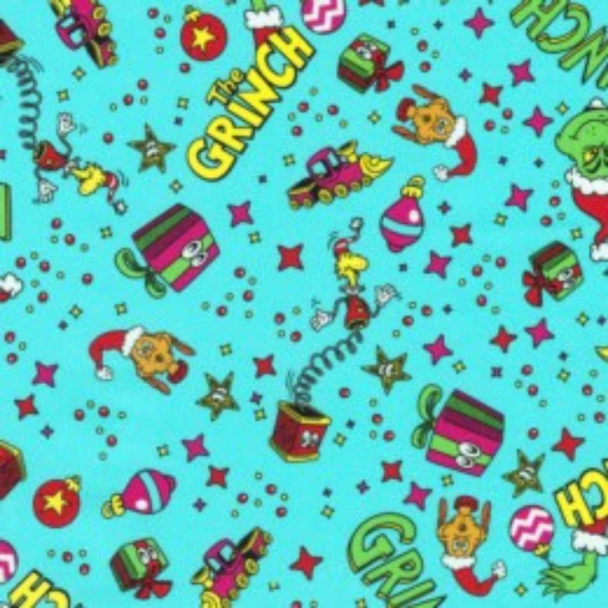 How the Grinch Stole Christmas Toy Toss cotton fabric on aqua by Robert Kaufman