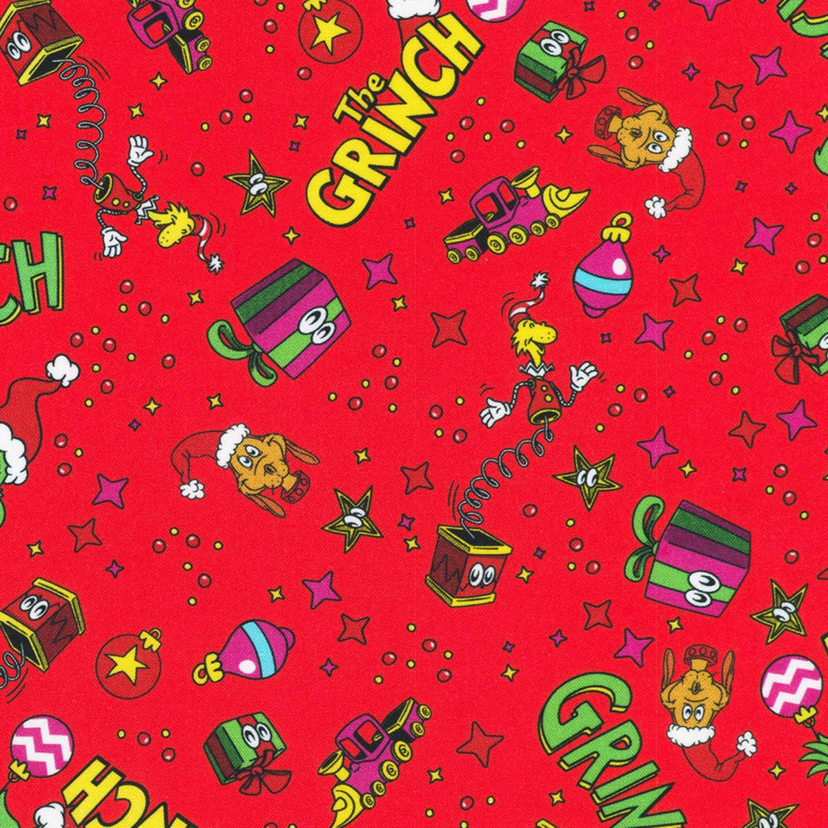 Grinch Toy Toss Christmas cotton fabric with colourful holiday icons on red