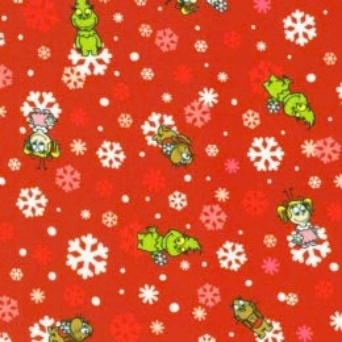 Little Grinch cotton fabric with Grinch characters and snowflakes on red